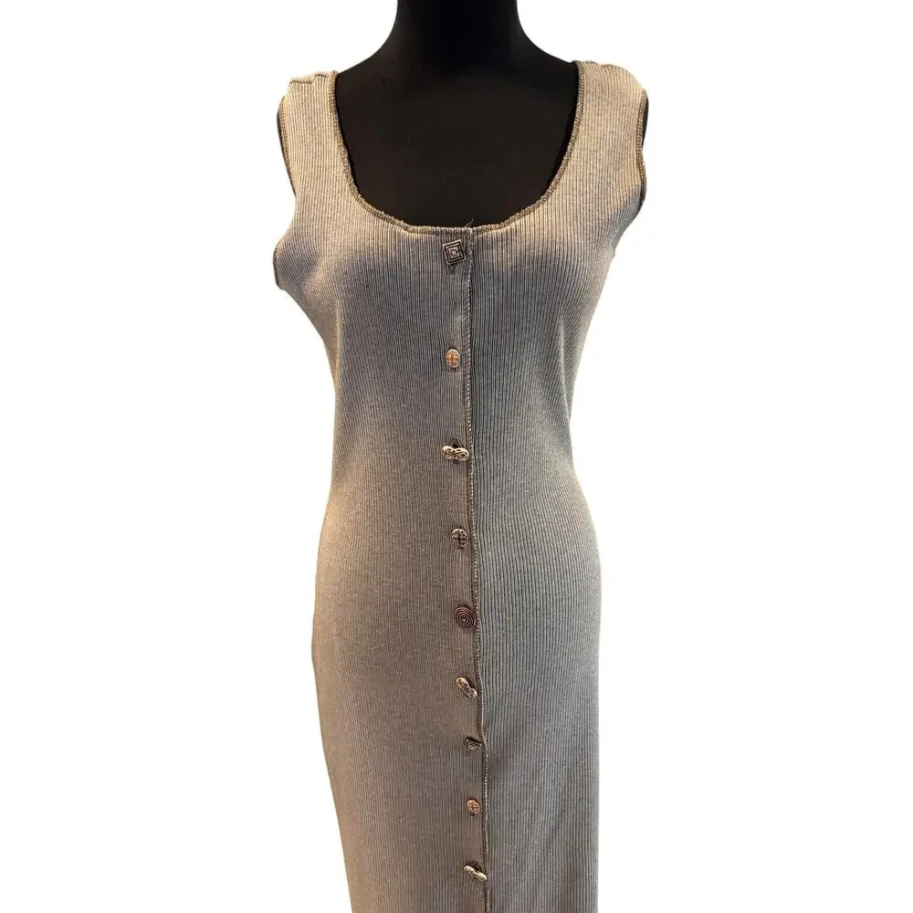 Cape Isle Knitters Tan Vintage Minimalist Dress Etched Unique Front Buttons S/M - Picture 2 of 6